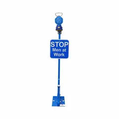 This railroad flag sign features a blue lamp and a 51 1/2-inch height, powered by (2) D batteries (not included). It is used to mark work zones along rail lines, providing a visible warning to approaching trains for enhanced safety of maintenance crews.