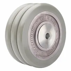 This HAMILTON caster wheel features an 8-inch diameter, 3-inch width, and a 4,000 lb load rating. It has a gray UltraGlide polyurethane tread on a steel core, designed for low rolling resistance. Suitable for heavy-duty material handling carts, tow lines, and automated guided vehicles in industrial environments.