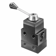 Manual lever-operated directional control valve with three positions and 3/8" NPT ports. Designed for hydraulic pressure control applications, it provides load-holding capability and a maximum flow rate of 5 gpm. Suitable for use in hydraulic systems requiring manual direction of fluid flow.