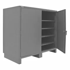 This industrial shelf cabinet is constructed of welded steel with a gray powder-coated finish. It includes four adjustable shelves and a recessed swing handle that is padlockable. The cabinet is stationary with legs and is suitable for secure storage of tools, parts, and equipment in warehouses, factories, and workshops.