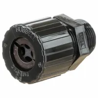 Black nylon cord grip connector with 1/2 in MNPT box connection, designed to secure and strain-relieve two cables with diameters from 0.23 in to 0.29 in. Used for routing multiple cords through a single port in enclosures, control panels, and industrial wiring applications
