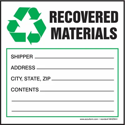 ACCUFORM Recovered Materials DOT Handling Label, 4 in x 4 in, White, 100 Pack - Waste