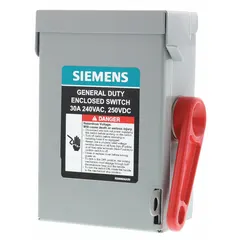 The Siemens GNF321A is a 30 A, three-phase, non-fusible safety switch rated for 240V AC. It features a galvanized steel enclosure suitable for indoor use. This switch provides a visible disconnect means for electrical circuits, commonly used in motor control centers, lighting panels, and machinery disconnects for maintenance or emergency shutdown.