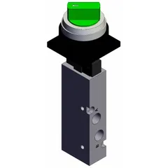 This manual air control valve from the VZM Series features a green, two-position twist actuator with five ports and 1/8 in BSPT connections. It is used in pneumatic systems to direct airflow for on/off or diverting control in applications such as industrial automation and material handling.