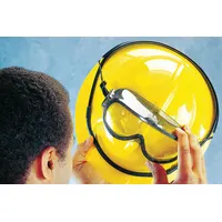 Goggle retainer accessory designed to secure safety goggles to hard hats or headgear. Prevents goggle loss or displacement during movement, bending, or other work activities in industrial environments