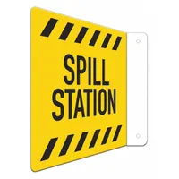 This L-shape projection sign is designed to mark spill station locations in industrial facilities. Made of aluminum with an Engineer Grade retroreflective finish for low-light visibility. Nominal size 8 in x 8 in, featuring mounting holes for secure wall installation. Not glow-in-the-dark