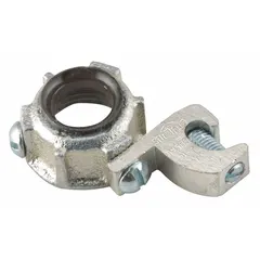 Zinc-plated iron grounding bushing with insulated throat. Trade size 2-1/2 in, overall length 2-9/32 in. Used to terminate conduit and provide a grounding connection in electrical systems.