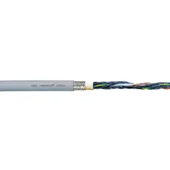 This CHAINFLEX continuous flexing control cable from the CF78-UL series features 4 copper conductors (16 AWG) with a single configuration, including a ground conductor. The PUR jacket provides coolant resistance, and the cable is rated for 1000 V with cRUus standards. Minimum bend radius factors are 4 x OD for fixed installation, 5 x OD for flexible use, and 6.8 x OD for e-chain applications. Suitable for use in cable carriers and other continuous flexing environments requiring signal or control transmission.