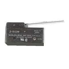 The OMRON Z-15GW is a hinge lever snap-action switch from the Z Series, featuring a 1NO/1NC contact configuration. It is rated for 15 A at 250 V AC and connects via solder terminals. This switch is commonly used for position sensing and limit control in industrial automation, packaging machinery, and conveyor systems.