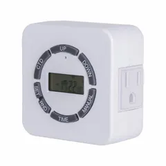 Digital plug-in timer switch for indoor use. Features 7-day programmable scheduling and operates on 120V AC with a 5-15R receptacle. Suitable for automating lighting, fans, or small appliances in commercial or residential settings.