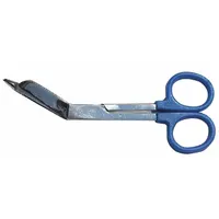 Stainless steel angled blades with blue plastic handle. Overall length 5 1/2 in. Reusable. Designed for cutting medical dressings, bandages, and tape