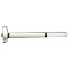 This stainless steel rim push bar is a touchbar-style exit device for doors up to 36 inches wide. It is ADA compliant and designed for use in commercial buildings, schools, and offices where quick egress is required. Outside trim is not included, and the device is not ligature-resistant.