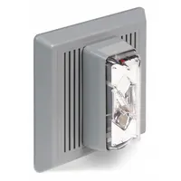 Wall-mount horn alarm with integrated strobe light, operating at 120V AC. Features wire-lead connection and compact dimensions of 5 1/2 in width, 5 1/2 in length, and 5/8 in height. Suitable for audible and visual signaling in industrial fire alarm, evacuation, and process alert systems