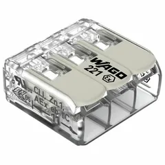 This 3-port lever wire connector from the WAGO 221 Ex Series is designed for use in hazardous locations. It accepts solid wire sizes from 24 AWG to 12 AWG and is rated for 20 A and 440 V. The lever mechanism enables tool-free wiring and reconfiguration, suitable for industrial environments requiring safety-rated connections.