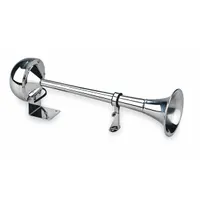 Electric-powered horn operating on 12V DC, producing a low tone with a maximum sound level of 115 dB. Features a bright polished silver finish and includes mounting hardware. Suitable for use on trucks as an audible warning signal