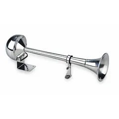 Electric-powered horn operating on 12V DC, producing a low tone with a maximum sound level of 115 dB. Features a bright polished silver finish and includes mounting hardware. Suitable for use on trucks as an audible warning signal.