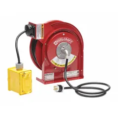 Self-retracting cord reel with ratchet lock for adjustable cord length. Includes 45 ft of 12 AWG SJEOOW cable, terminated with a 5-20P plug and a 5-20R connector. Suitable for supplying power to tools and equipment in workshops and maintenance areas.