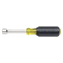 SAE standard nut driver with a 4-inch hollow round shank for fitting over long bolts or threaded rods. Non-magnetized tip. Suitable for tightening or loosening hex-head fasteners in electrical and mechanical applications where clearance is limited.