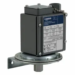 Diaphragm vacuum switch for sensitive-control applications. Features DPDT contact configuration, maximum pressure rating of 100 psi, and 1/4-18" NPTF pressure connection. Includes an adjustable scale for setpoint adjustment. Suitable for monitoring vacuum or pressure levels in industrial process control, packaging, and automation systems.