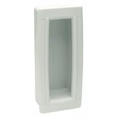 Rectangular recessed pull handle in white matte plastic with a 5.1 in overall length. Features threaded-hole mounting for secure attachment. Suitable for use on enclosures, control panels, and machinery where a flush, low-profile grip is required.