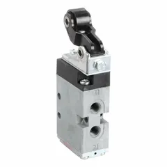 This manual air control valve from the AVENTICS CD Series features a roller actuator and a five-way, two-position spool design. The die cast zinc body provides robust construction for industrial pneumatic systems. It is used to direct compressed air in applications such as manufacturing, packaging, and material handling equipment.