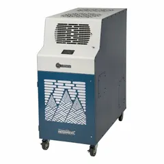 This heavy-duty portable air conditioner provides 42,000 BtuH cooling capacity for indoor spaces up to 2,500 sq ft. It operates on 230V AC and includes an air filter. Suitable for spot cooling in large areas such as warehouses, factories, or event halls.