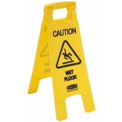 This yellow folding sign is made of HDPE and is non-retroreflective with no glow-in-the-dark feature. It measures 25 inches by 11 inches by 26 inches nominal. Used to mark temporary wet-floor hazards in commercial facilities such as restaurants, hospitals, and retail stores.