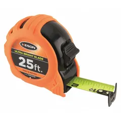 KESON PG1825UB is a 25 ft SAE inch tape measure with a black plastic body and rubberized grip. The blade features high-visibility markings with 1/32 in graduations for the first 12 in, a manual lock, and a nonmagnetic double hook tip. Suitable for construction, carpentry, and metalworking applications.
