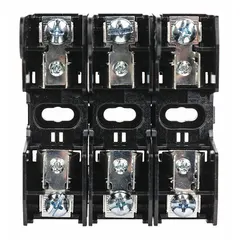This 3-pole open-block-design fuse block is rated for 600 V AC and accepts UL Class H and K fuses. It features box lug terminals for secure wiring and is non-indicating. Typical applications include industrial power distribution, motor control centers, and panelboards.
