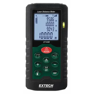EXTECH Laser Distance Meter: Inch/Metric, 2 in – 330 ft, ± 0.08 in, AAA, Rubber - Indoor-Outdoor Laser Distance Meters