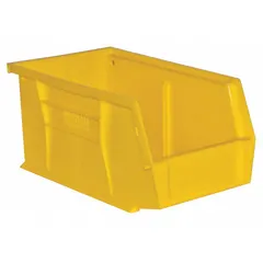 This hang and stack bin is designed for organizing and storing small components in industrial environments. It can be hung on louvered panels or stacked on shelves, facilitating efficient material handling and inventory management.