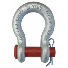 This CROSBY anchor shackle is made of carbon steel with a body thickness of 3/4 in and a working load limit of 9,500 lb. It is used in rigging and lifting applications to connect chains, ropes, or slings to a load.
