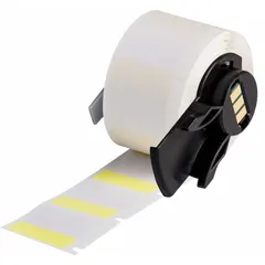 This precut label roll consists of 1 in x 1 in wraparound labels made from yellow matte vinyl. Designed for wire gauges from 16 AWG to 8 AWG, it is compatible with the M710 printer series and requires the M61-R4310 ribbon. Typical applications include permanent identification of wires and cables in industrial panel building, electrical maintenance, and OEM wire marking.