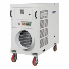 This high-static heavy-duty portable air conditioner provides both cooling and heating for large spaces. It delivers 135,000 BtuH capacity and operates on 460V AC power. Suitable for indoor or outdoor use, the unit includes an air filter. Typical applications include temporary climate control in industrial facilities, warehouses, construction sites, and event venues.