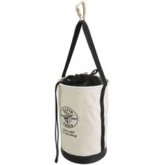 White canvas bucket bag with a 22-inch height. Features a drawstring closure and a single handle with snap hook for hanging on ladders or scaffolding. No pockets. Suitable for carrying tools and materials on job sites.