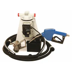 This electric drum pump kit operates at 115 V AC with a 1/10 hp motor and delivers a maximum flow rate of 8 gpm. It includes a stainless steel nozzle and discharge hose, but does not include a meter. The pump is constructed with polypropylene and is designed for dispensing diesel exhaust fluid from totes or drums in fleet maintenance and industrial settings.