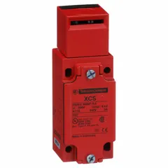 Key-actuated safety-interlock switch with a pivoting actuating key. Features 1 normally open and 2 normally closed contacts. Terminal connection via 1/2 in NPT conduit. Used to monitor the position of movable guards on industrial machinery, preventing operation when the guard is open.