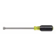 Straight nut driver with a hollow round shank and magnetized tip for holding fasteners. SAE size, 6-inch shank length. Suitable for fastening and loosening hex nuts in general mechanical and electrical work, especially in confined spaces or overhead applications.