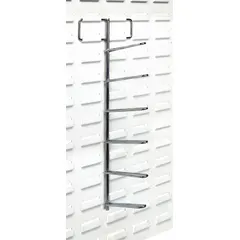 This gray vertical tape/reel holder is designed for use with louvered panels and racks. It supports loads up to 25 lb and is suitable for organizing tape reels or similar spooled materials in storage areas.