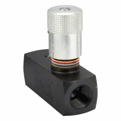 Manual hydraulic flow control valve with rotary knob adjustment. Steel body with 1/2 in NPT ports. Maximum flow rate 15 gpm. Used in industrial hydraulic systems for regulating fluid flow in applications such as machine tools, material handling, and mobile equipment.