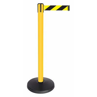 QUEUEWAY Barrier Post with Belt: Black/Yellow, Chevron, No Legend, 10 ft Belt Lg - Pattern Retractable Belt Post Barriers