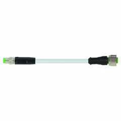 This cordset features an M8 male straight connector on one end and an M12 female right-angle connector on the other, with a 0.6 m gray PUR cable. It has 24 AWG wire size and an IP65 rating. Suitable for connecting sensors and actuators in industrial automation, packaging, and robotics where resistance to oils and abrasion is required.