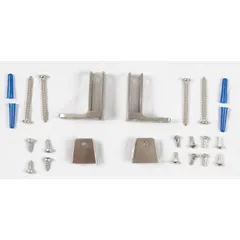 This brushed stainless steel end panel bracket is designed for securing phenolic bathroom partition panels. It includes four #14 x 2-1/2 in screws. Overall height is 2-1/2 in, width is 3-1/4 in. Compatible with phenolic partition material.
