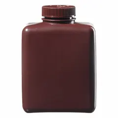 This 32 fl oz (1 L) rectangular bottle is molded from amber HDPE, providing an opaque barrier that blocks UV light for storage of light-sensitive liquids. The 53 mm screw closure is attached and included. Typical applications include chemical storage, media preparation, and sample collection in laboratory settings.