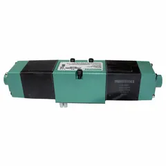 Four-way, three-position double solenoid air control valve with open center. Max flow rate 65 cfm, 24V DC coil, solenoid return, non-locking manual override, plug-in design, solenoid coil included. Used in industrial automation, packaging, and material handling systems for directing compressed air to double-acting cylinders and actuators.