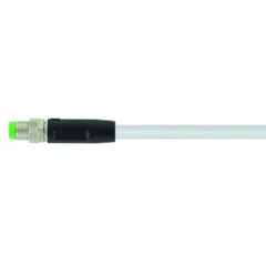 Single-ended cordset with M8 male straight connector on one end and bare wire on the other. Features 4 pins, 24 AWG wire size, 3 m cable length, gray PVC jacket, and IP65 rating. Suitable for connecting sensors or actuators in industrial automation applications requiring a reliable signal or power link in flexing environments.