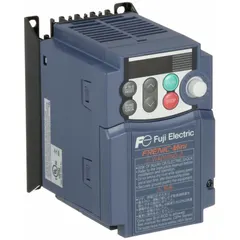 Variable frequency drive with single-phase input and three-phase output, rated 1/2 hp at 200-240V AC. Heat sink style in black/blue/gray. No bypass. Used for speed control of three-phase motors in applications such as conveyors, pumps, fans, and packaging machinery.