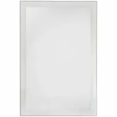 Rectangular lighted vanity mirror with polished glass surface and side-mounted lighting. Overall dimensions: 36 in height, 24 in width, 1 3/4 in depth. Suitable for residential or commercial restroom applications where even illumination for grooming is required.