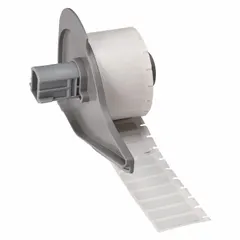 Precut label roll for industrial identification and labeling. Polyester material with permanent adhesive provides durable labels for equipment, panels, and cables. Compatible with BMP71 printer series.