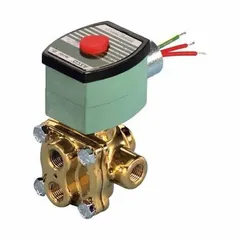 This 4-way/2-position configurable solenoid valve features a brass body and a watertight coil enclosure without junction box. It operates at 120V AC with a 1/4 in pipe size. Typical applications include directional control of pneumatic or hydraulic systems, such as actuating double-acting cylinders in industrial automation and process control.